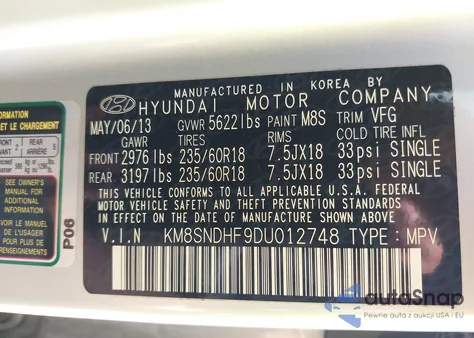 2013 Hyundai Santa Fe Gls from USA, damaged, VIN KM8SNDHF9DU012748